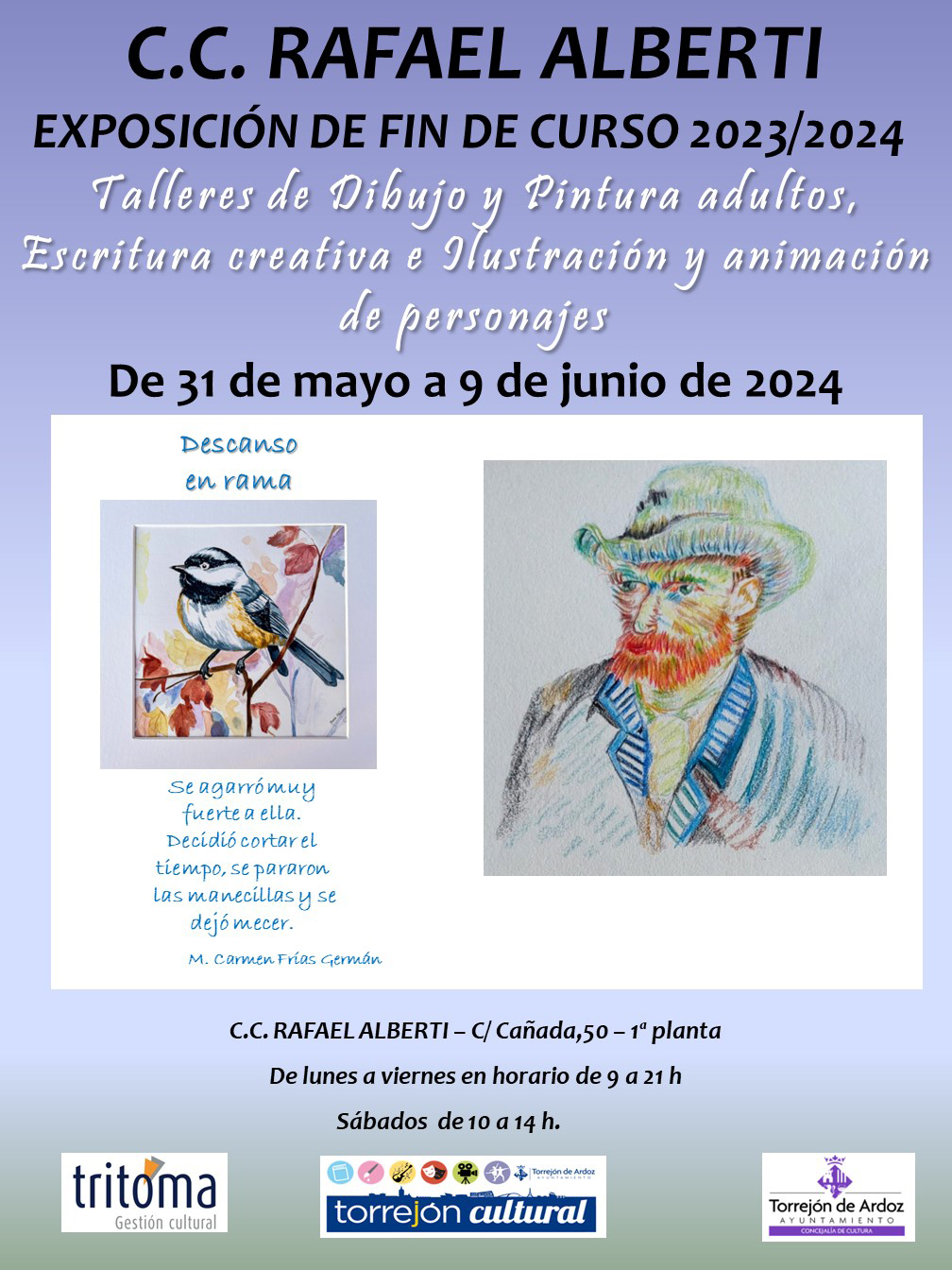 Exposición talleres fin de curso Dibujo y Pintura de Adultos, Escritura Creativa e Ilustración y Animación de Personajes