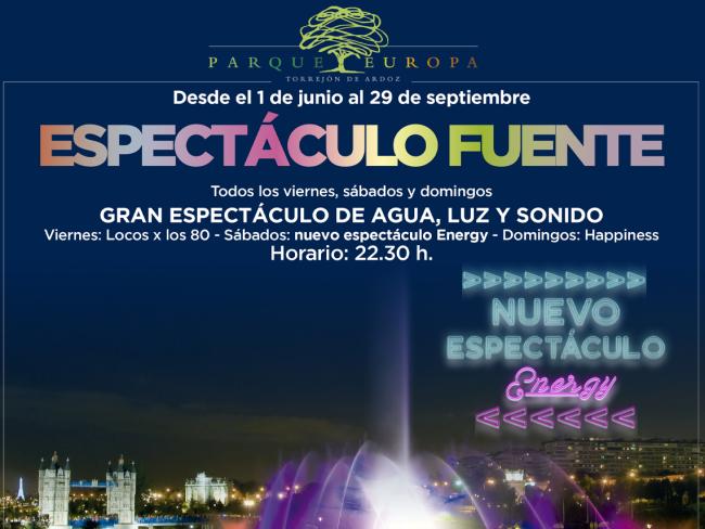 Este sábado, 1 de junio, a las 22:30 horas, arranca la nueva temporada del Espectáculo Fuente del Parque Europa, que se podrá disfrutar todos los viernes, sábados y domingos hasta el 29 de septiembre y que este año estrena el show “Energy”   