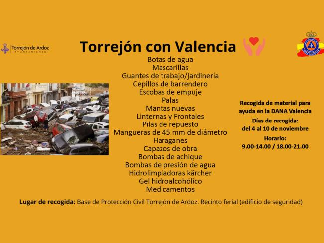 El Ayuntamiento de Torrejón de Ardoz recoge material de emergencia en la Base de Protección Civil en el Recinto Ferial para ayudar a los damnificados por la DANA en Valencia