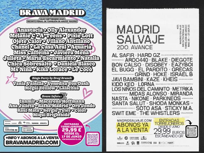 Mañana, martes, 17 de junio, se ponen a la venta las entradas con descuento para torrejoneros, a un precio de 29,99 euros, para los festivales de música Brava Madrid y Madrid Salvaje