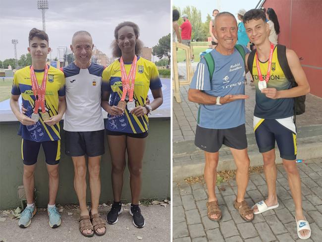 Juan José Ramos, entrenador del Club Atletismo Torrejón, y los medallistas torrejoneros, Héctor Gómez, Eva Marie Pauline y Lucas García